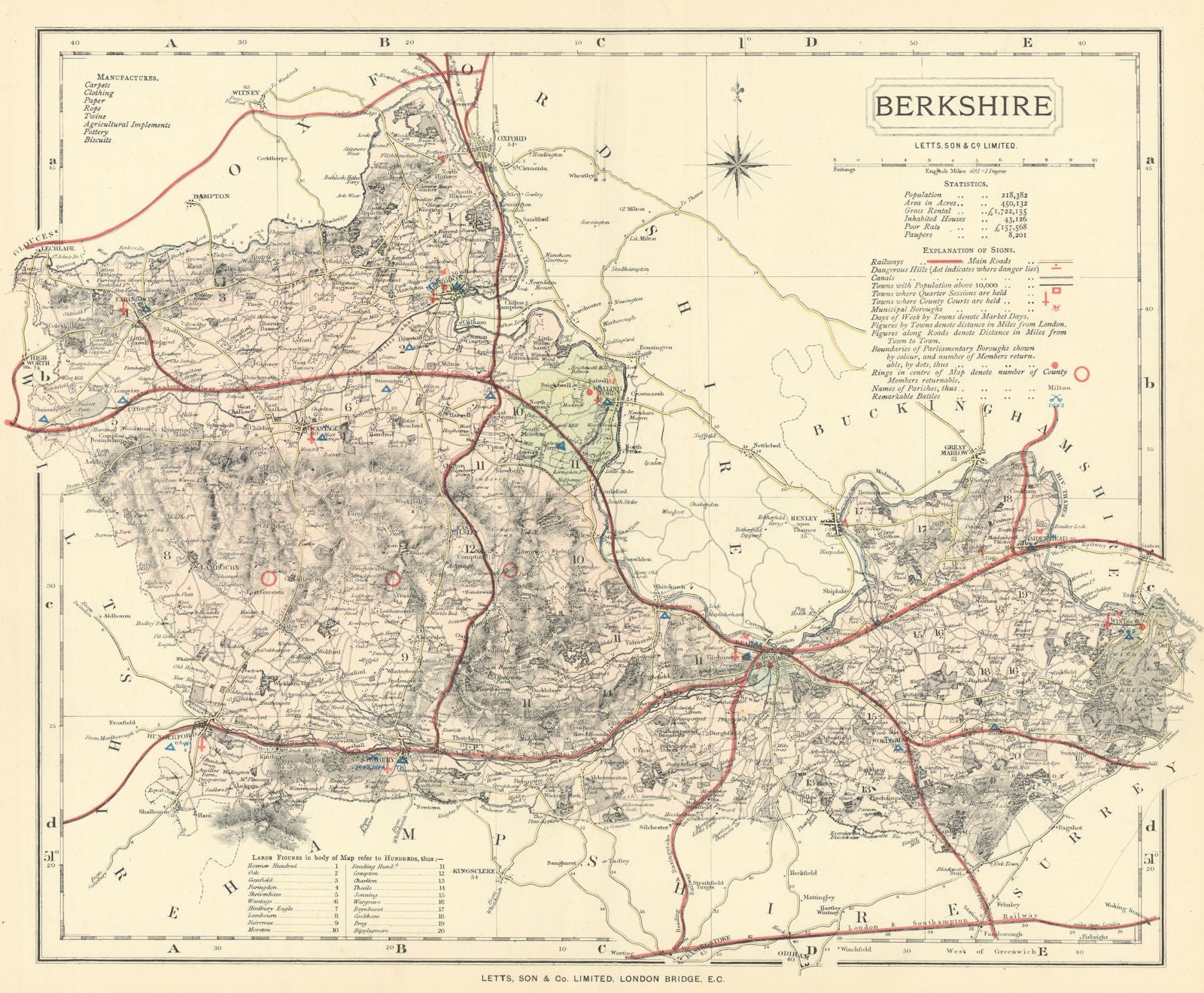 Berkshire county map showing Post Towns & Market Days. LETTS 1884 old